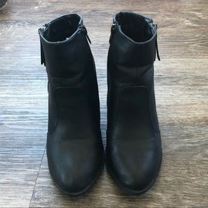 Black Leather Boots with Zippers - Block Heels, Ankle Booties